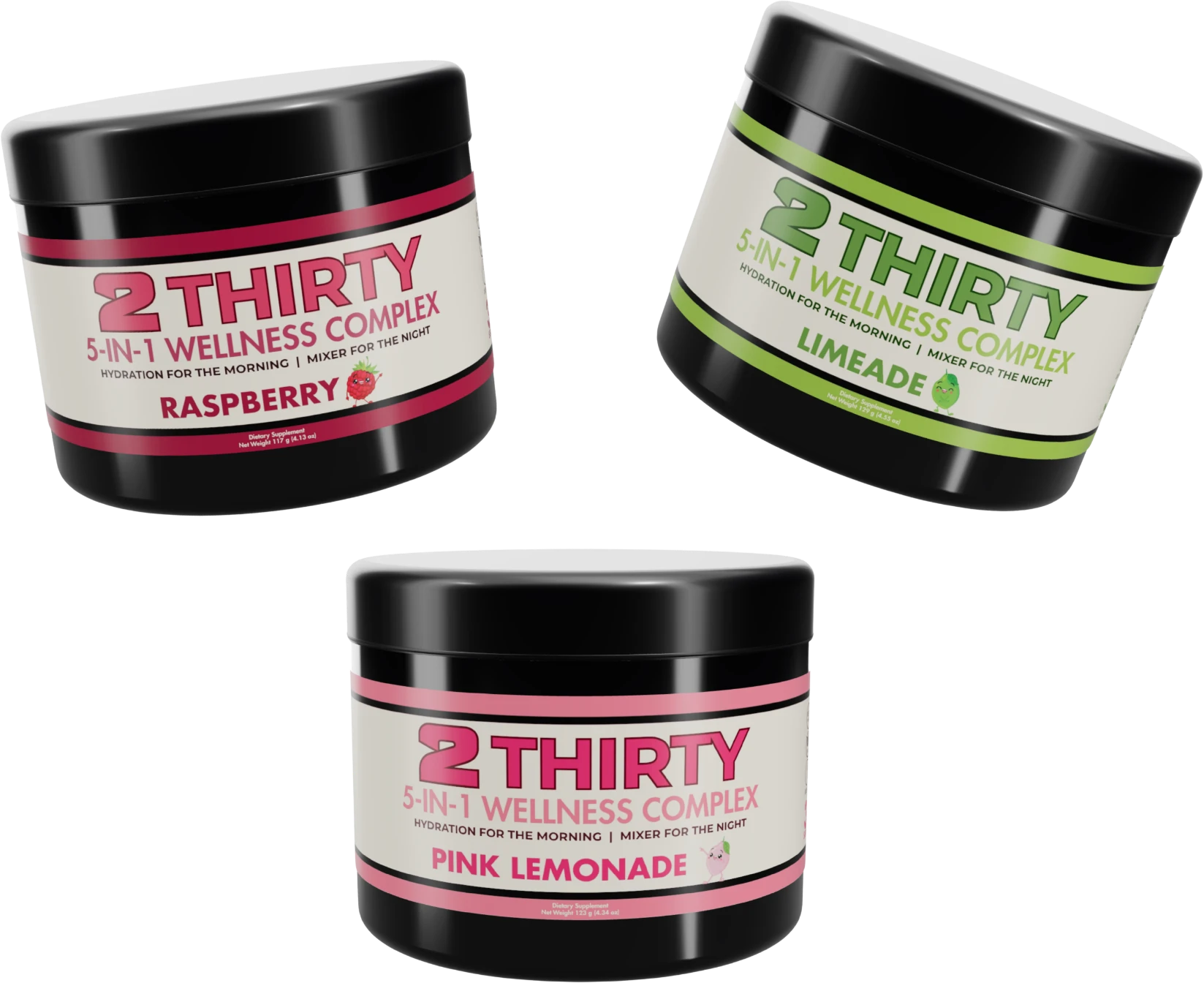 2THIRTY Limeade, Pink Lemonade and Raspberry Hydration+ Mixer tubs